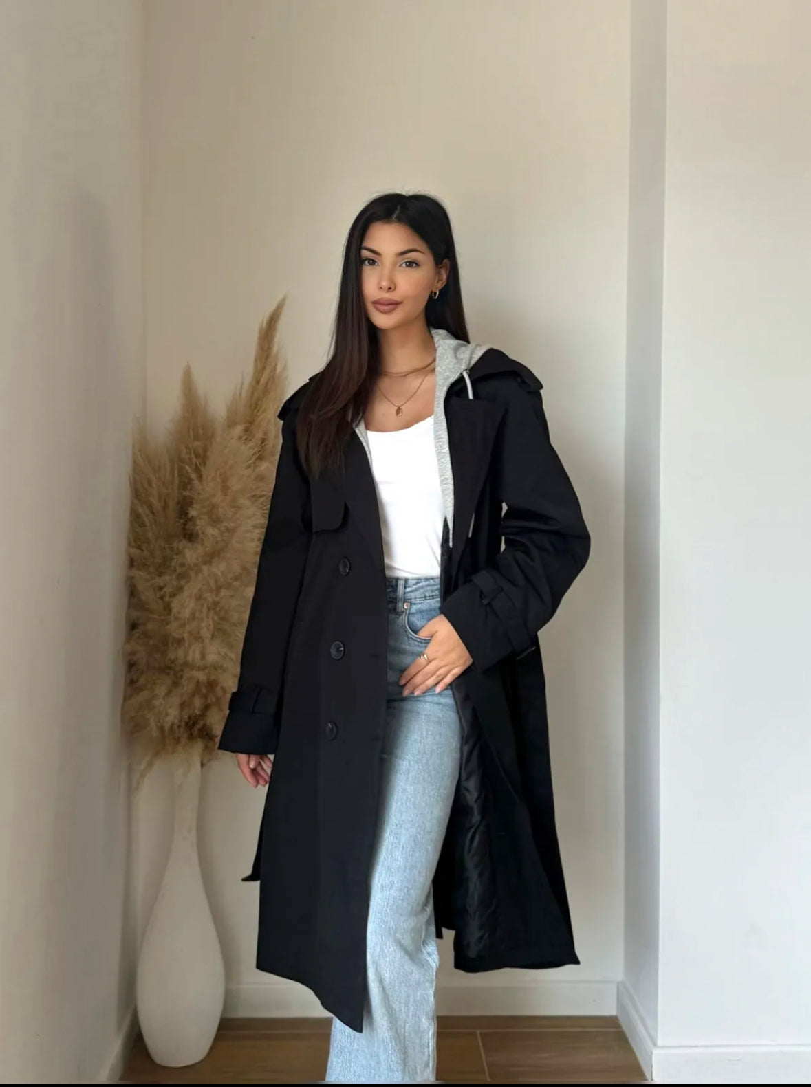 HOODED TRENCH COAT(BLACK)