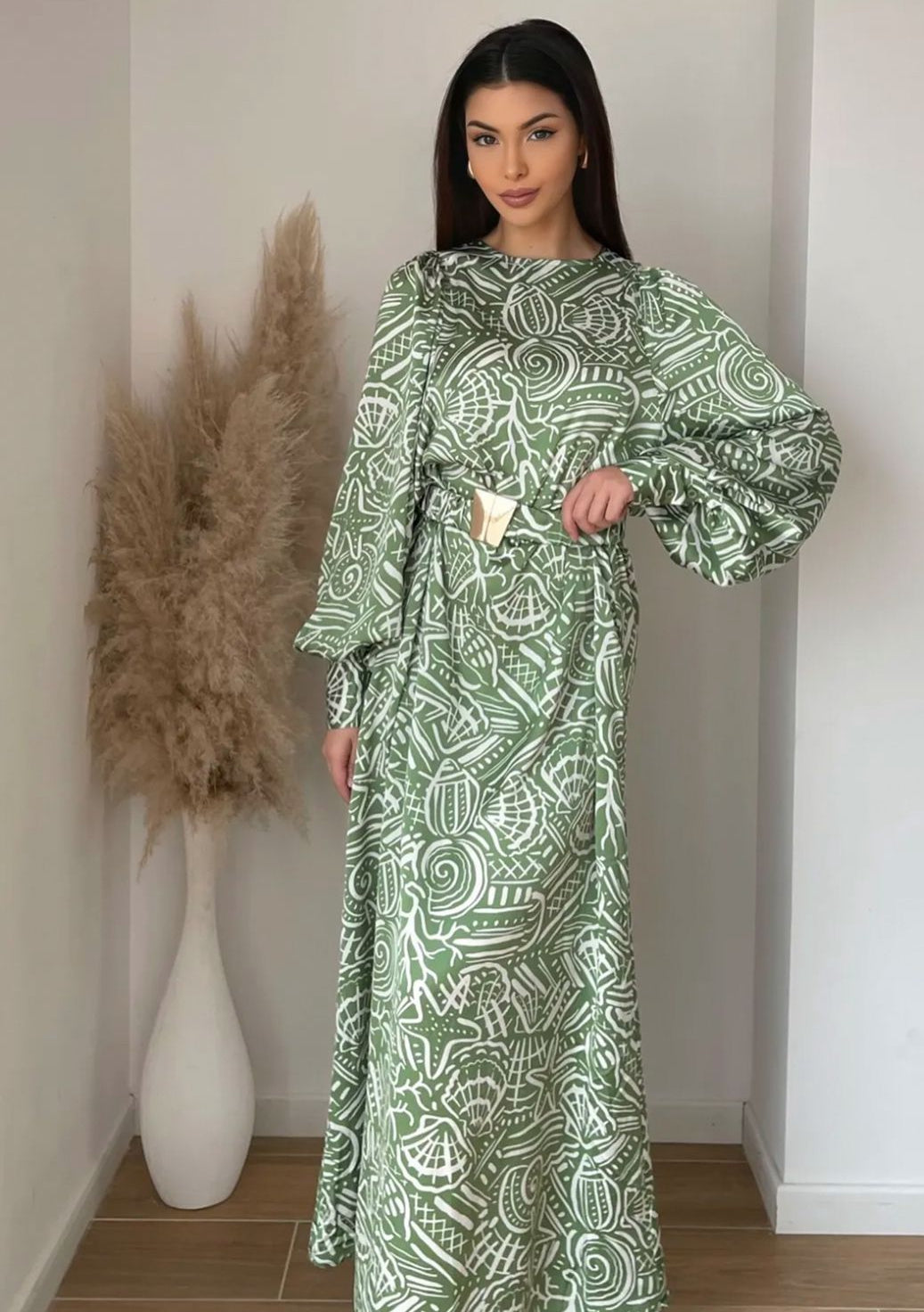 POLYESTER PRINTED DRESS WITH GOLDEN BELT