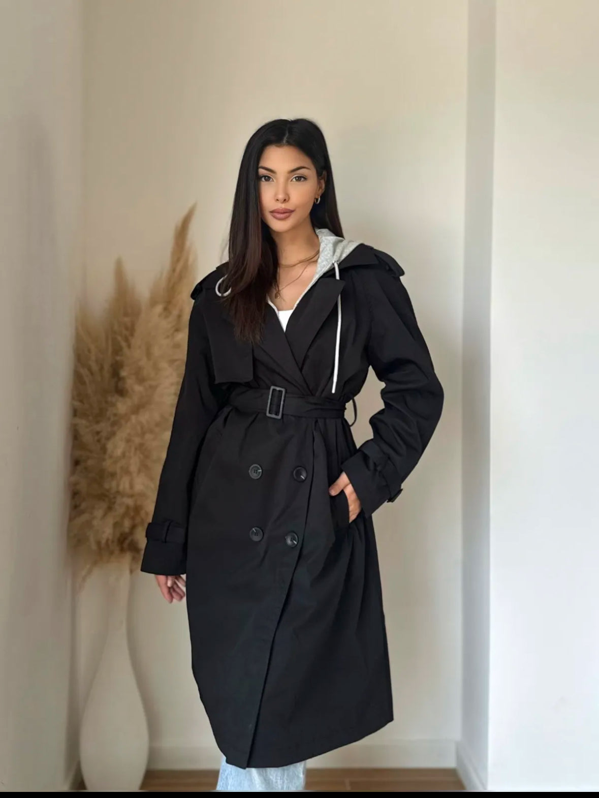 HOODED TRENCH COAT(BLACK)