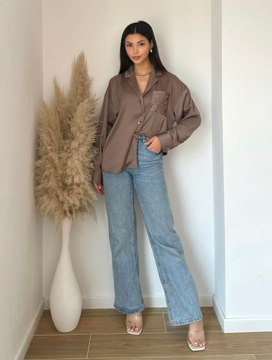 LOEVE INSPIRED SATIN SHIRT CHOCLATE BROWN COLOUR.