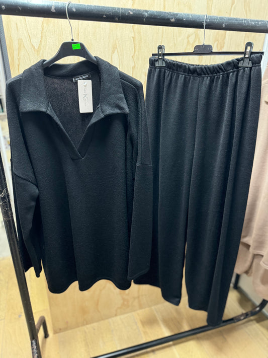 COLLARED SOFT WOOL AUTUMN CO ORD(Black)