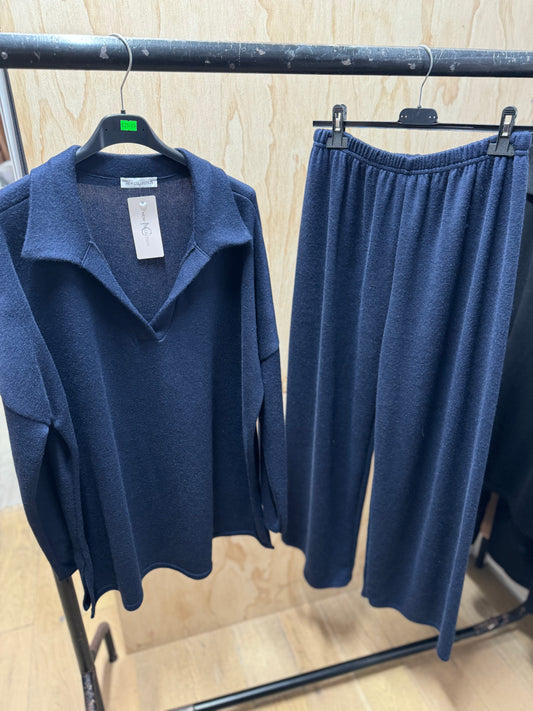COLLARED SOFT WOOL AUTUMN CO ORD(NAVY BLUE)