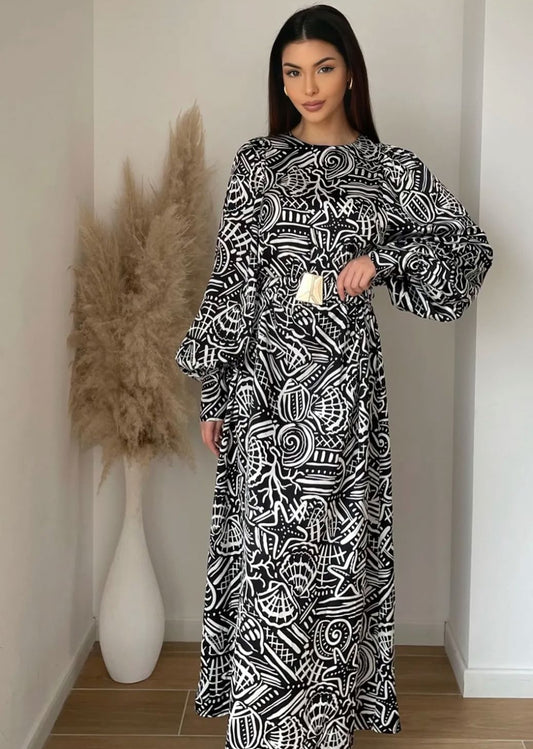 PRINTED POLYESTER DRESS WITH GOLDEN BELT