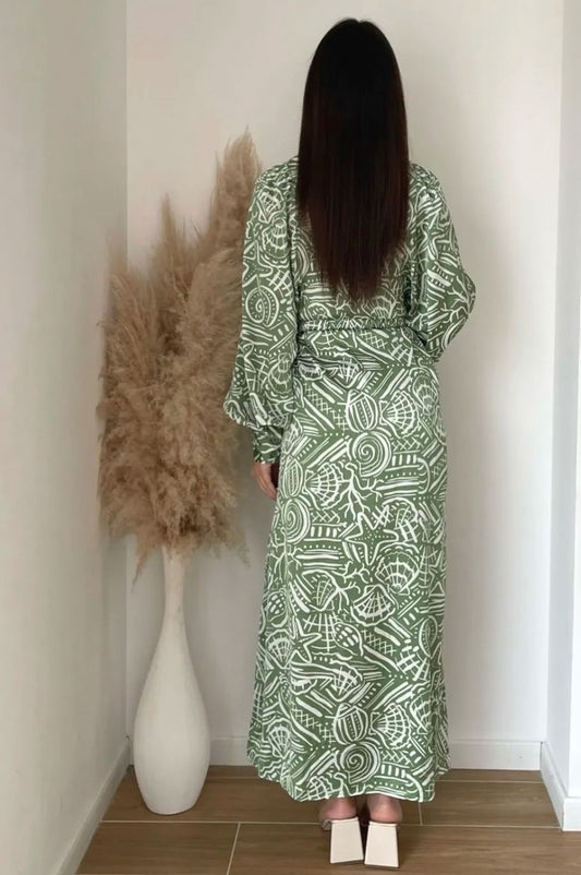 POLYESTER PRINTED DRESS WITH GOLDEN BELT