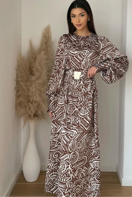 BROWN POLYESTER PRINTED DRESS WITH GOLDEN BELT