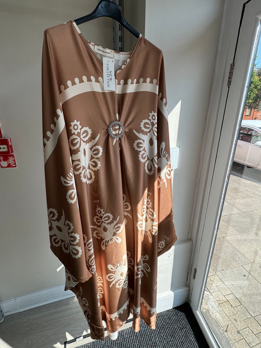CHOCLATE SATIN BELLY BUTTON MAXI ABAYA DRESS