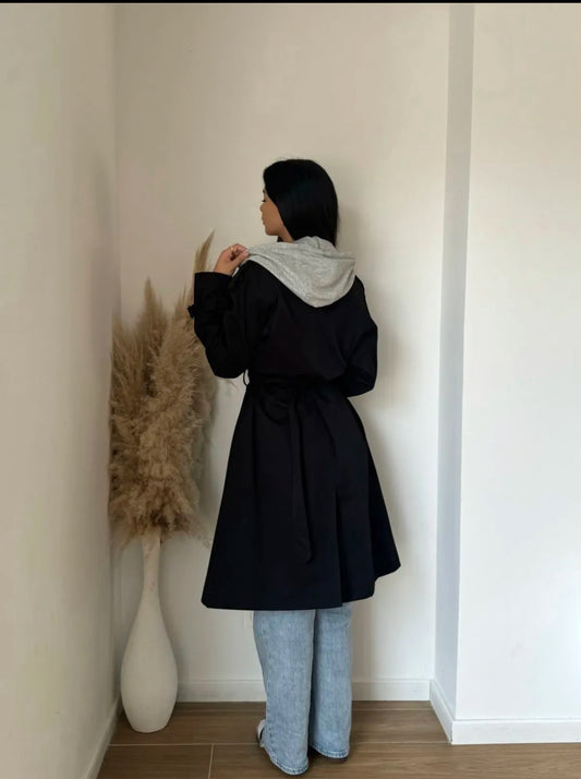 TRENCH COAT WITH HOODIE(BLACK)