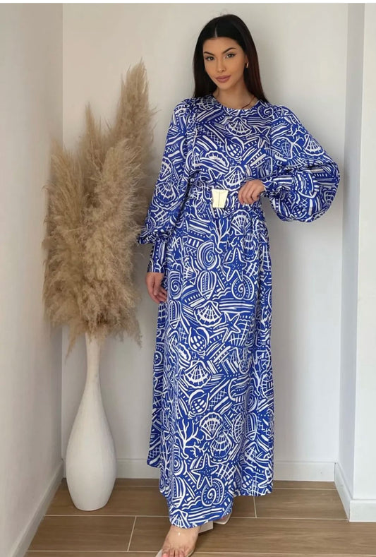 POLYESTER PRINTED DRESS WITH GOLDEN BELT