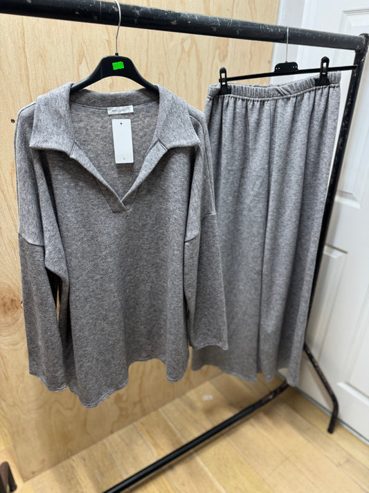 COLLARED SOFT WOOL AUTUMN CO ORD(Grey)