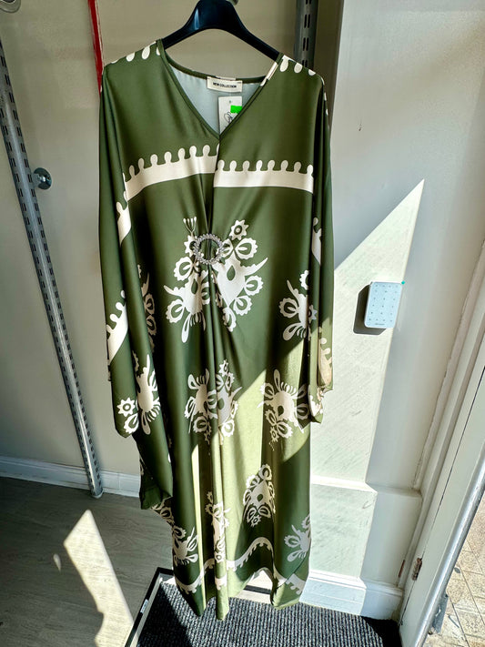 GREEN SATIN BELLY BUTTON MAXI ABAYA DRESS