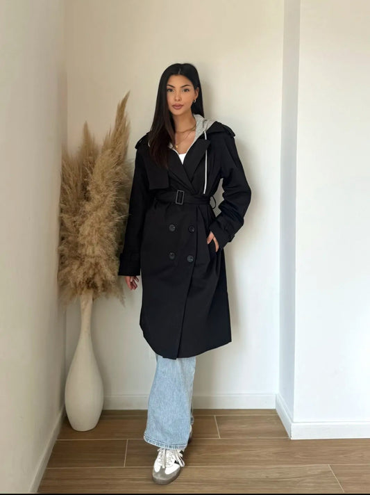 HOODED TRENCH COAT(BLACK)